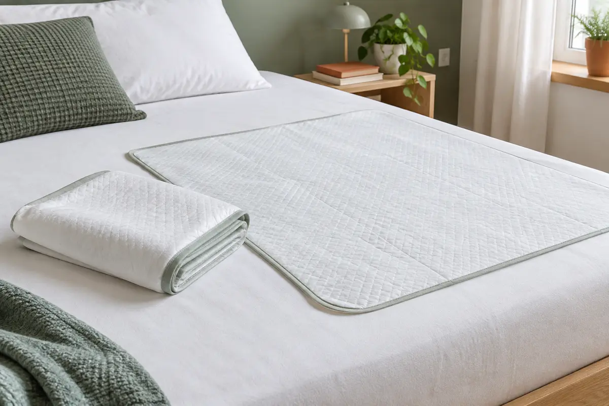 Alèses absorbantes imperméables pliées et posées sur un lit clair