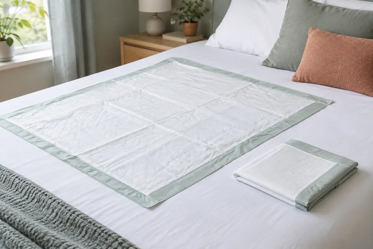 Alèse jetable absorbante dépliée sur un matelas blanc