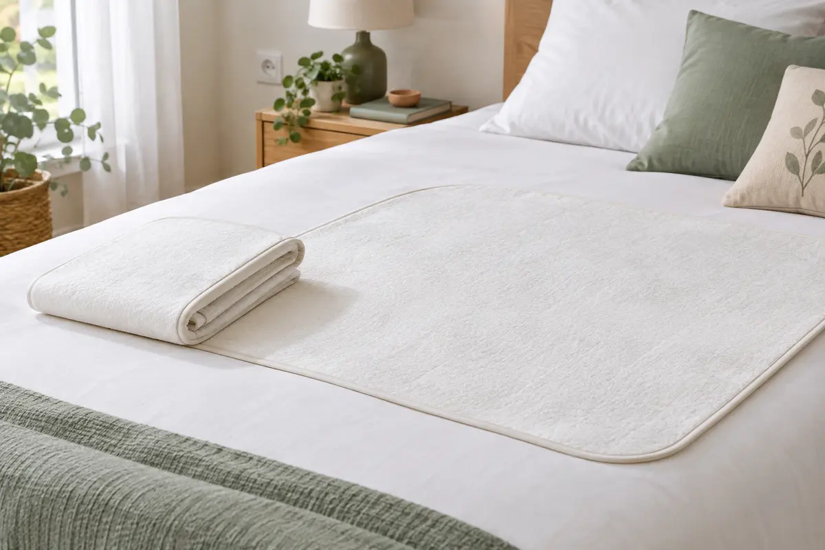 Alèse lavable absorbante pliée au pied d’un lit lumineux