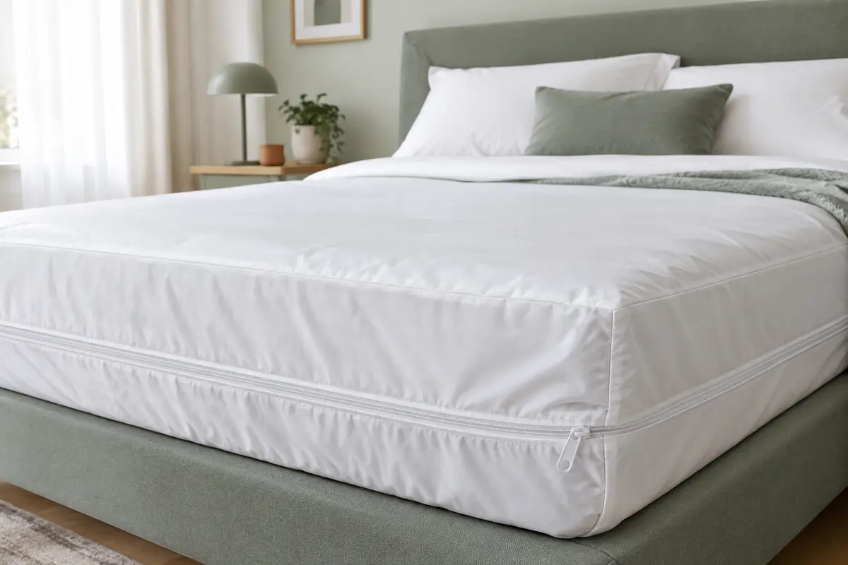 Housse de matelas intégrale installée dans une chambre claire
