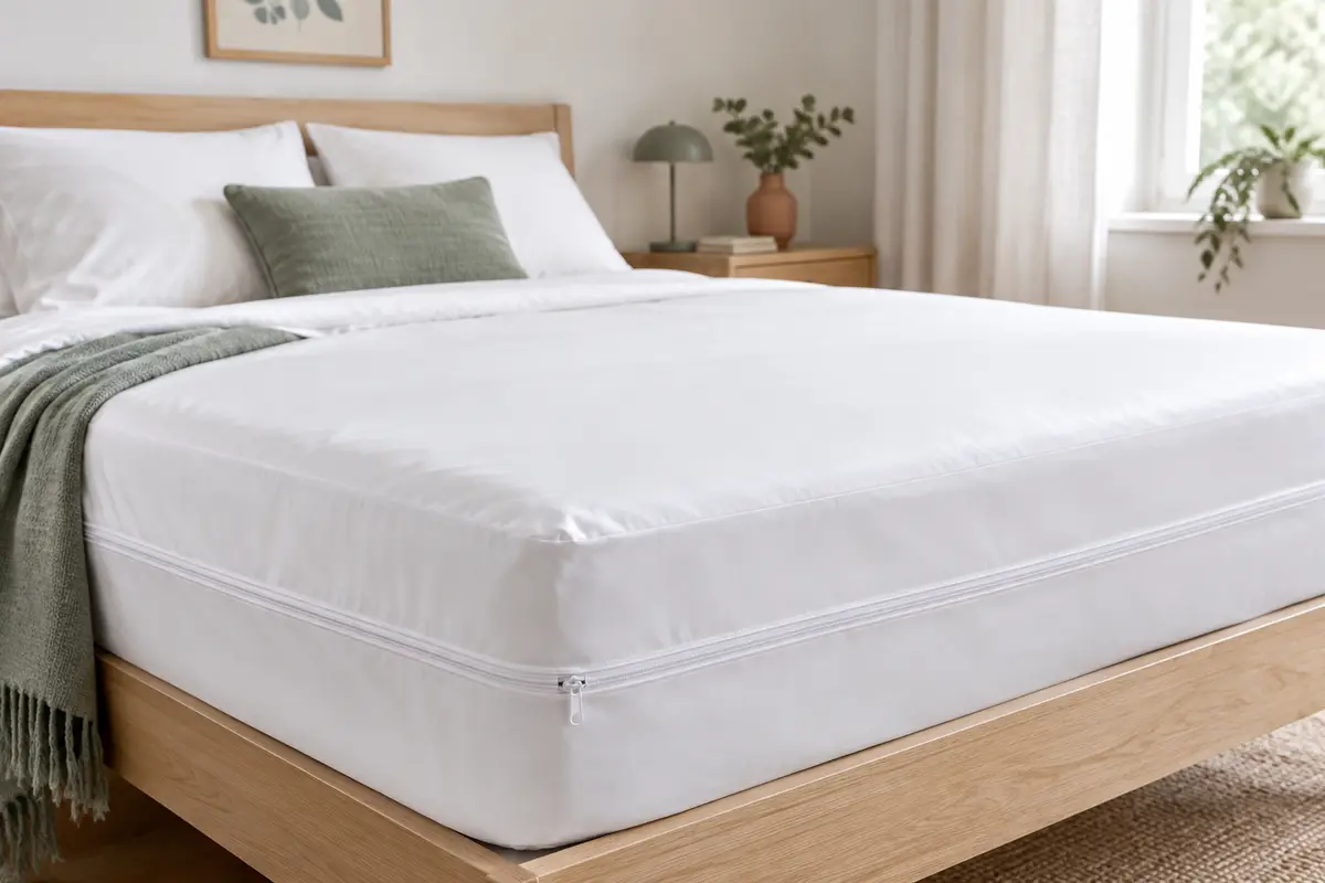 Housse intégrale imperméable fermée autour d’un matelas