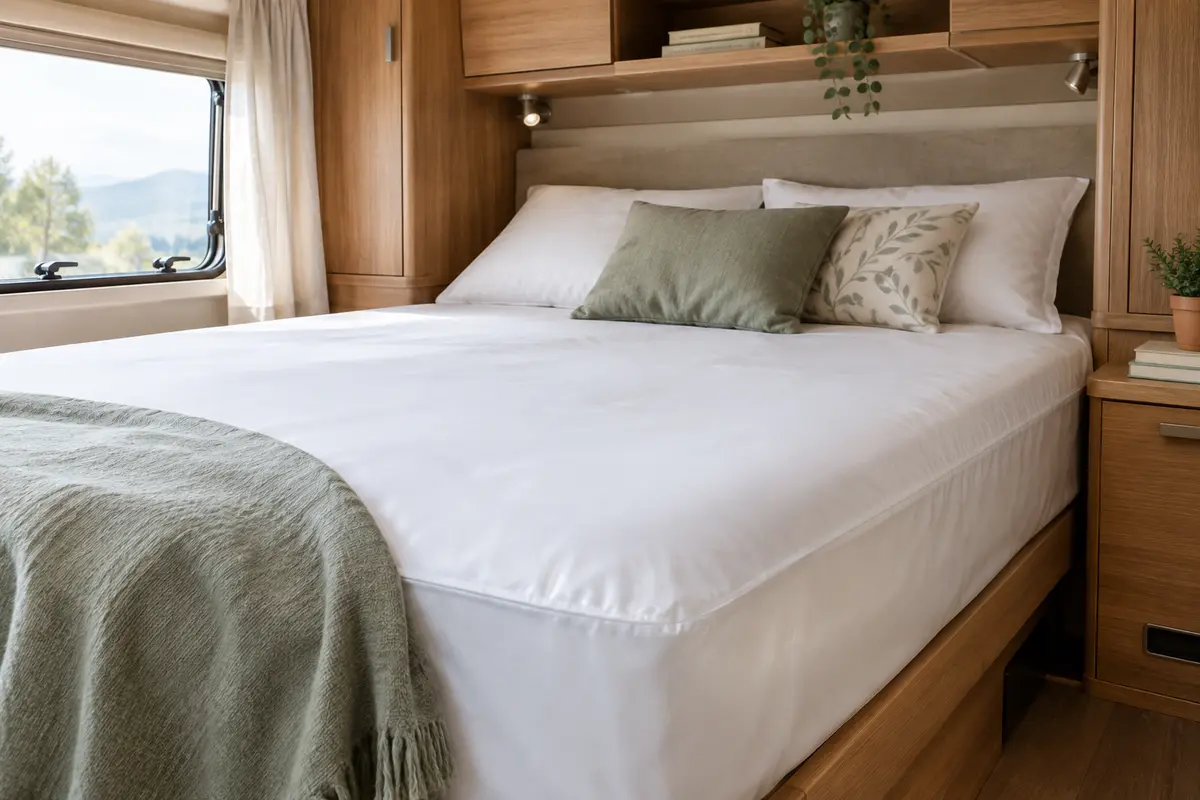 Protège-matelas imperméable sur le couchage d’un camping-car
