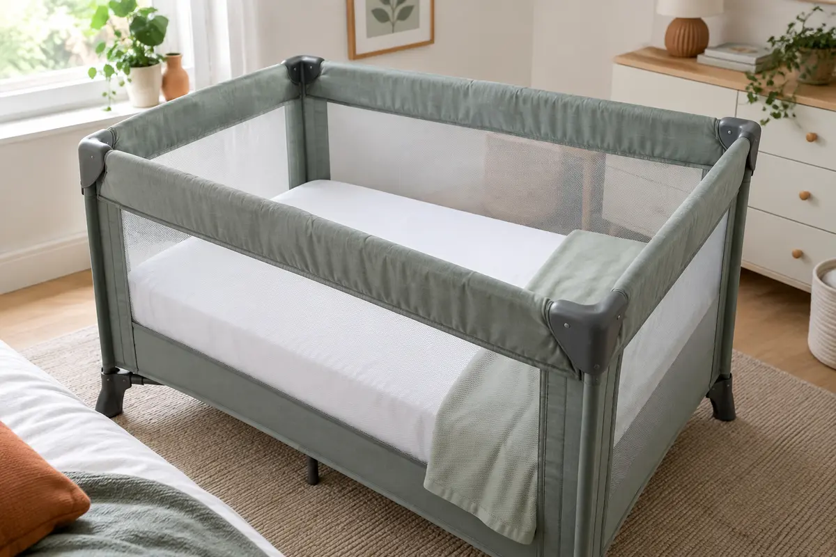 Protège-matelas blanc installé sur le matelas d’un lit parapluie ouvert