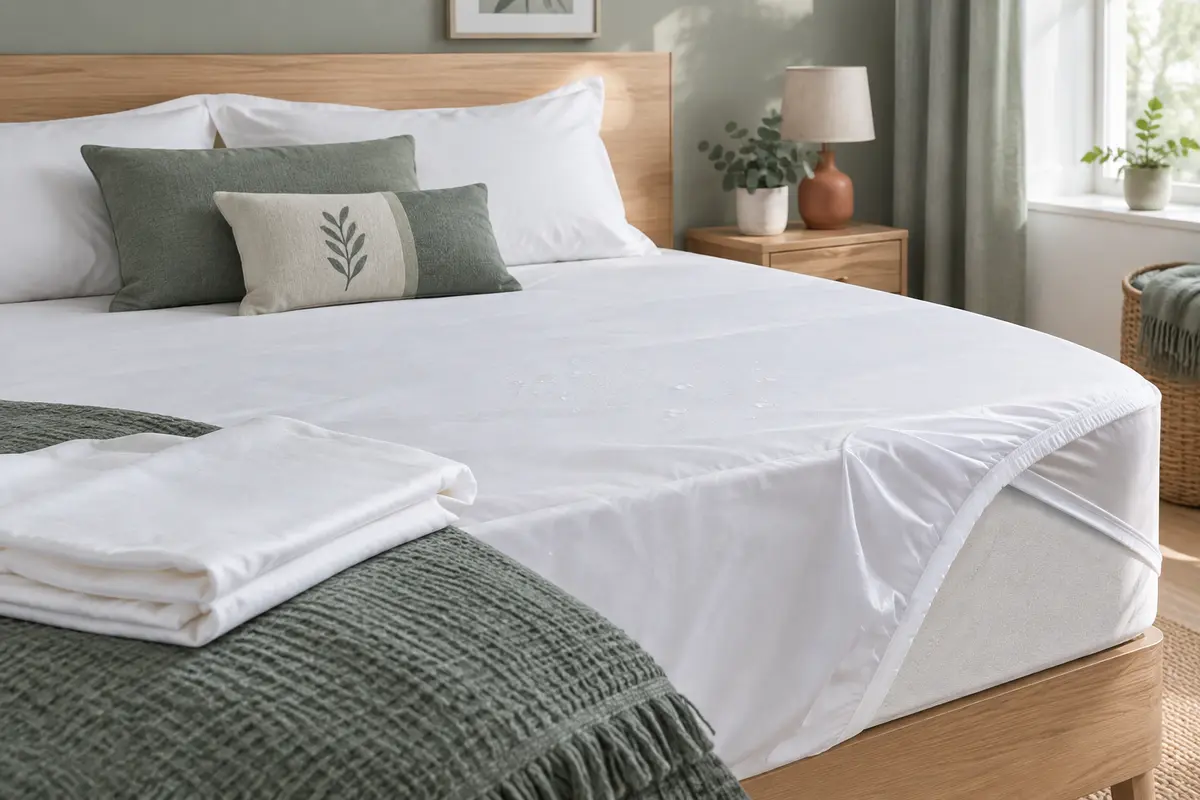 Protège-matelas imperméable posé sur un matelas dans une chambre claire