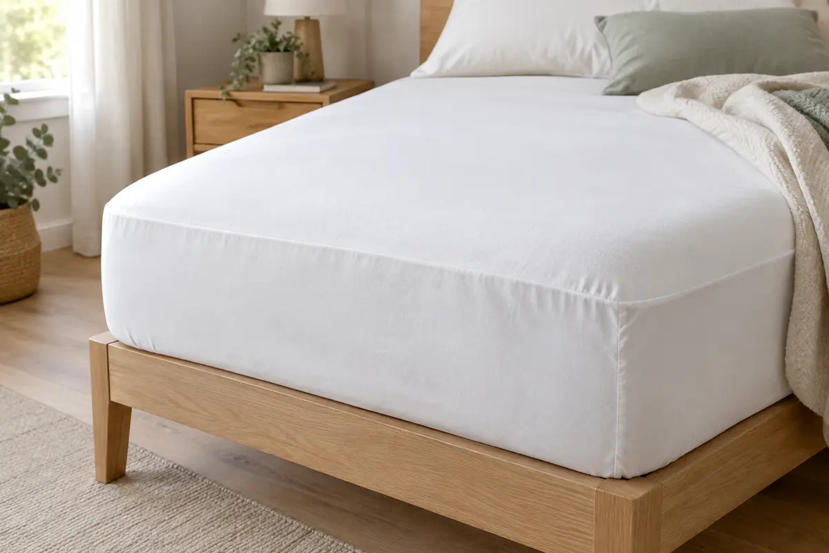 Drap-housse imperméable ajusté sur un matelas dans une chambre lumineuse