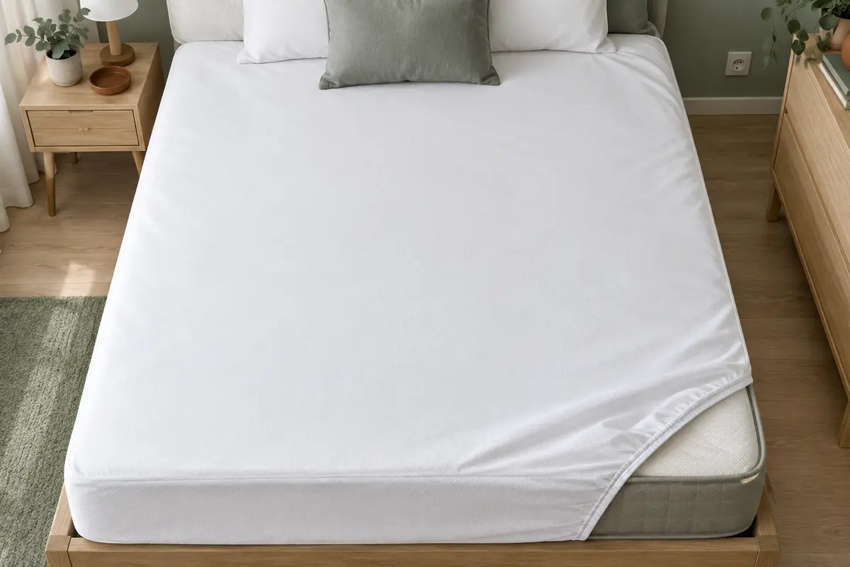Protection imperméable de forme plateau posée sur un matelas clair