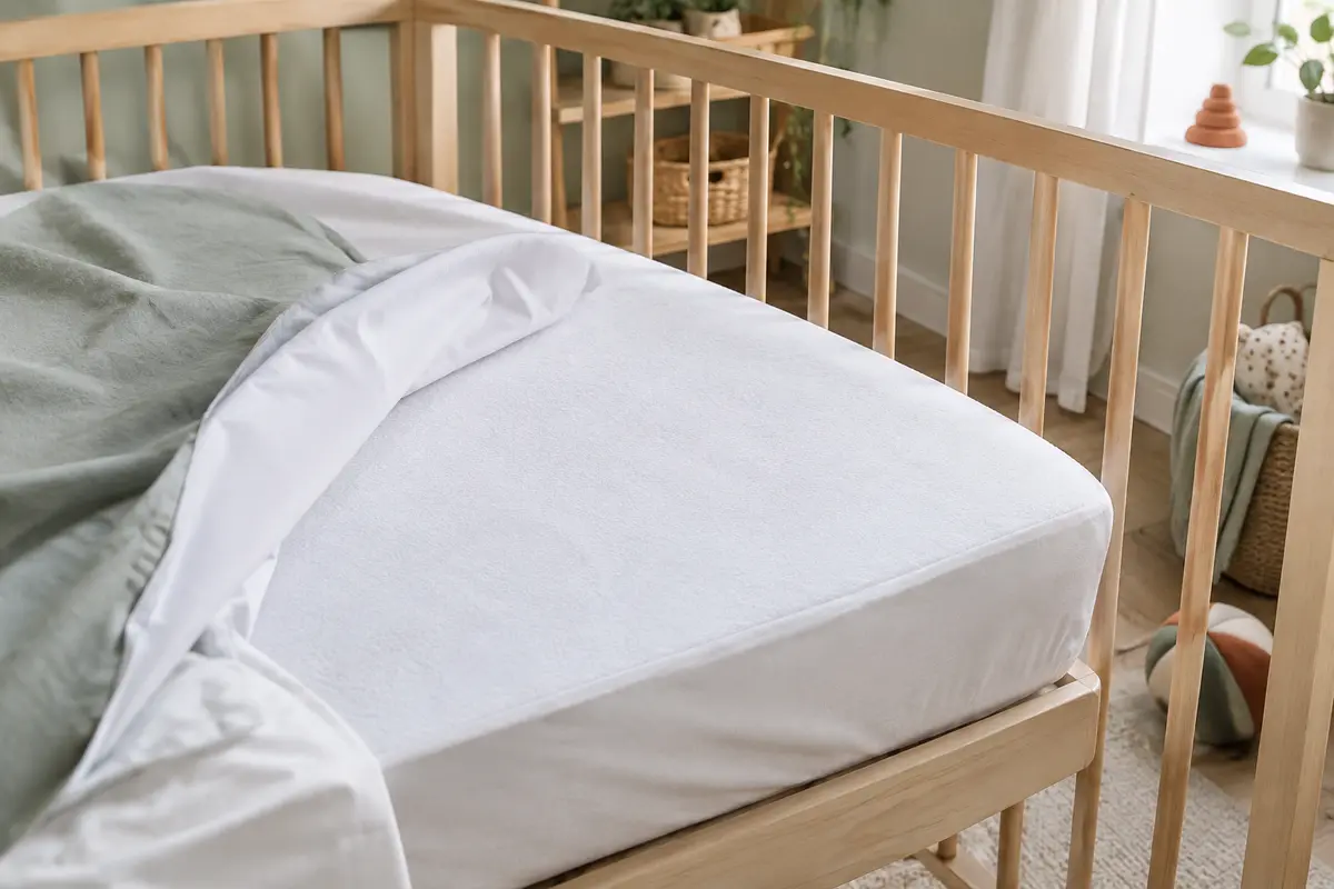 Protège-matelas blanc ajusté sur un matelas de lit bébé en bois clair