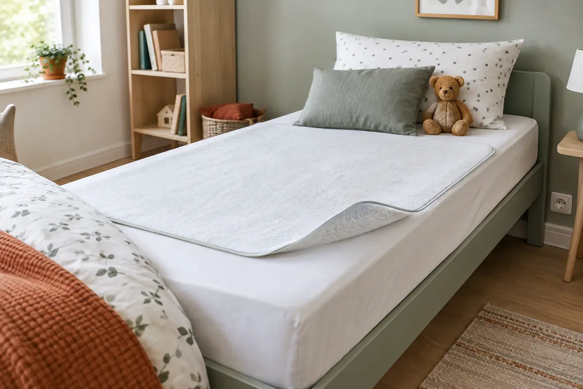 Lit d’enfant avec une alèse absorbante posée à plat sur le drap-housse.