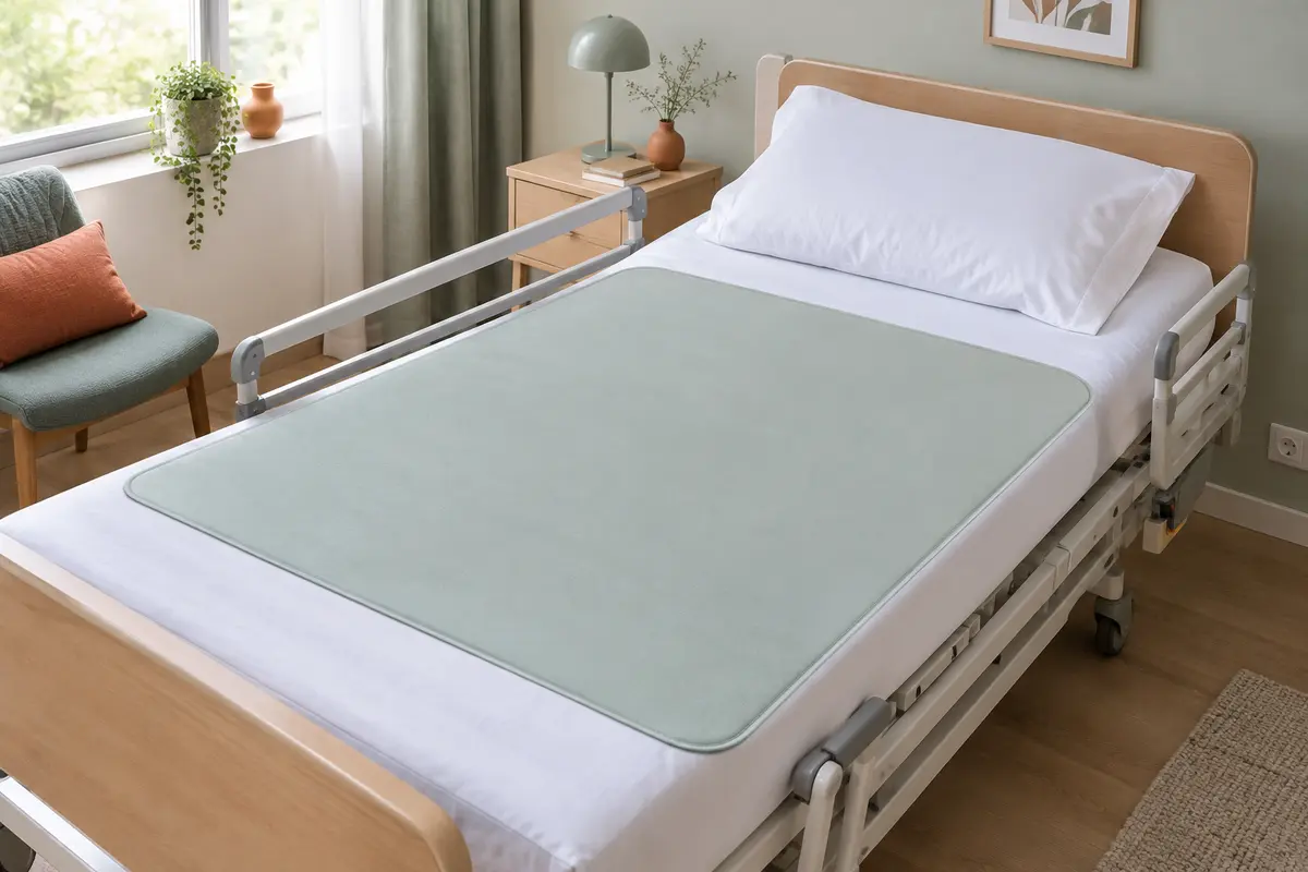 Alèse lavable posée à plat sur le matelas d’un lit médicalisé, articulations et barrières laissées libres.