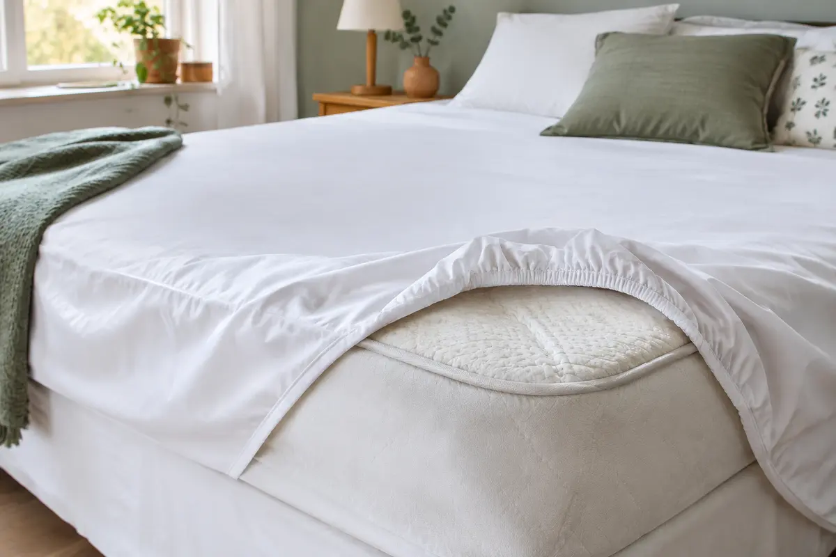 Protège-matelas imperméable ajusté sur un matelas, avec un coin de drap replié pour montrer le textile.