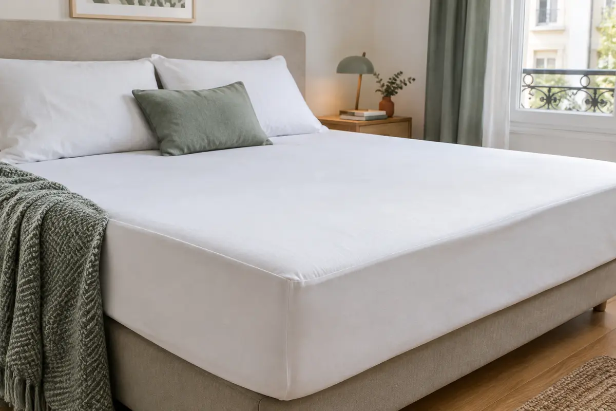 Protège-matelas fin posé sous un drap-housse, avec un coin replié montrant les couches textiles et un ajustement net.