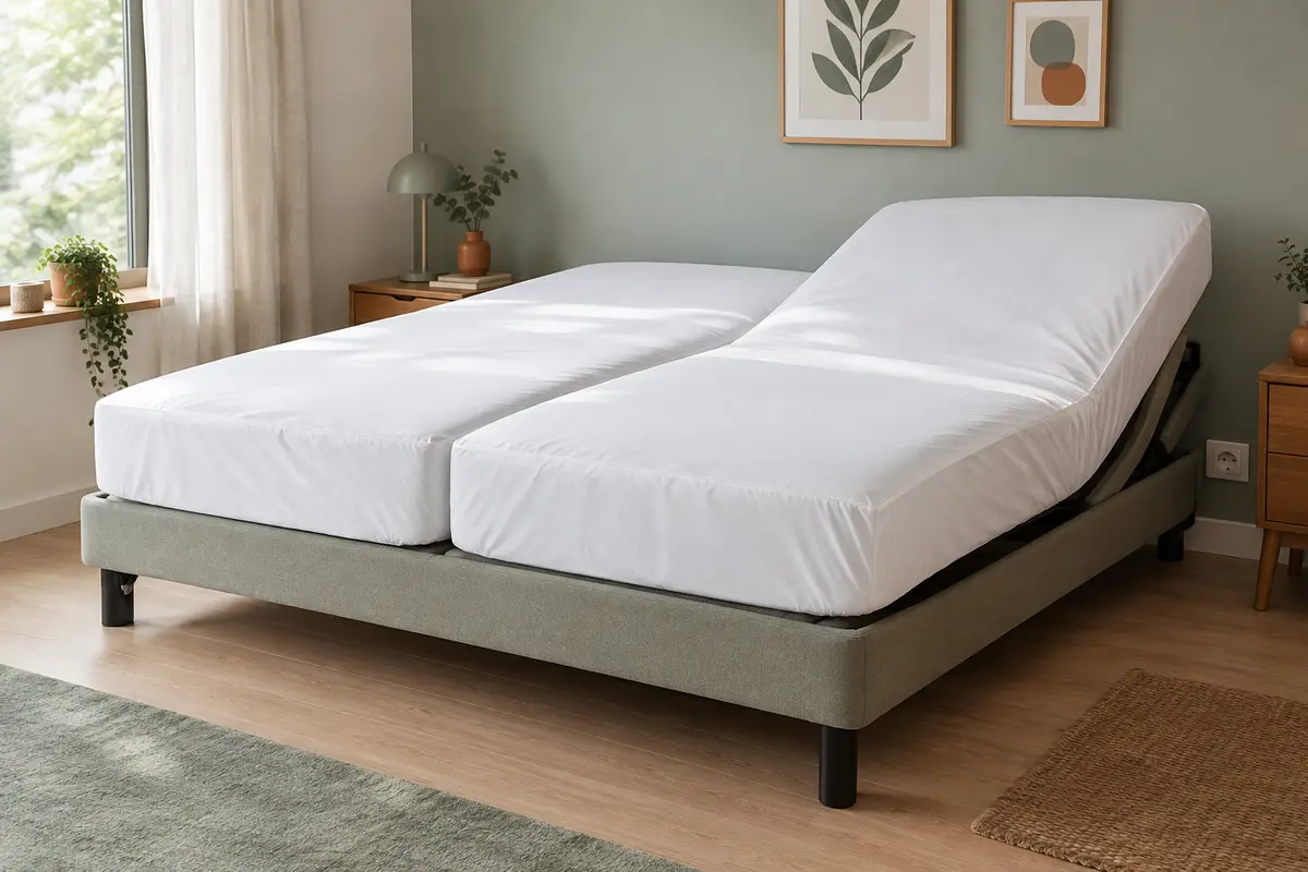 Lit articulé double avec deux protège-matelas ajustés et un côté du sommier légèrement relevé