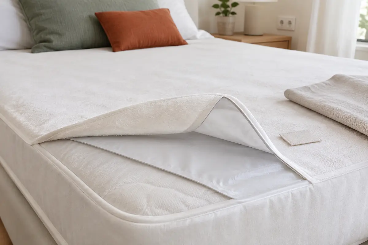 Protège-matelas retourné montrant le textile de surface et la membrane imperméable