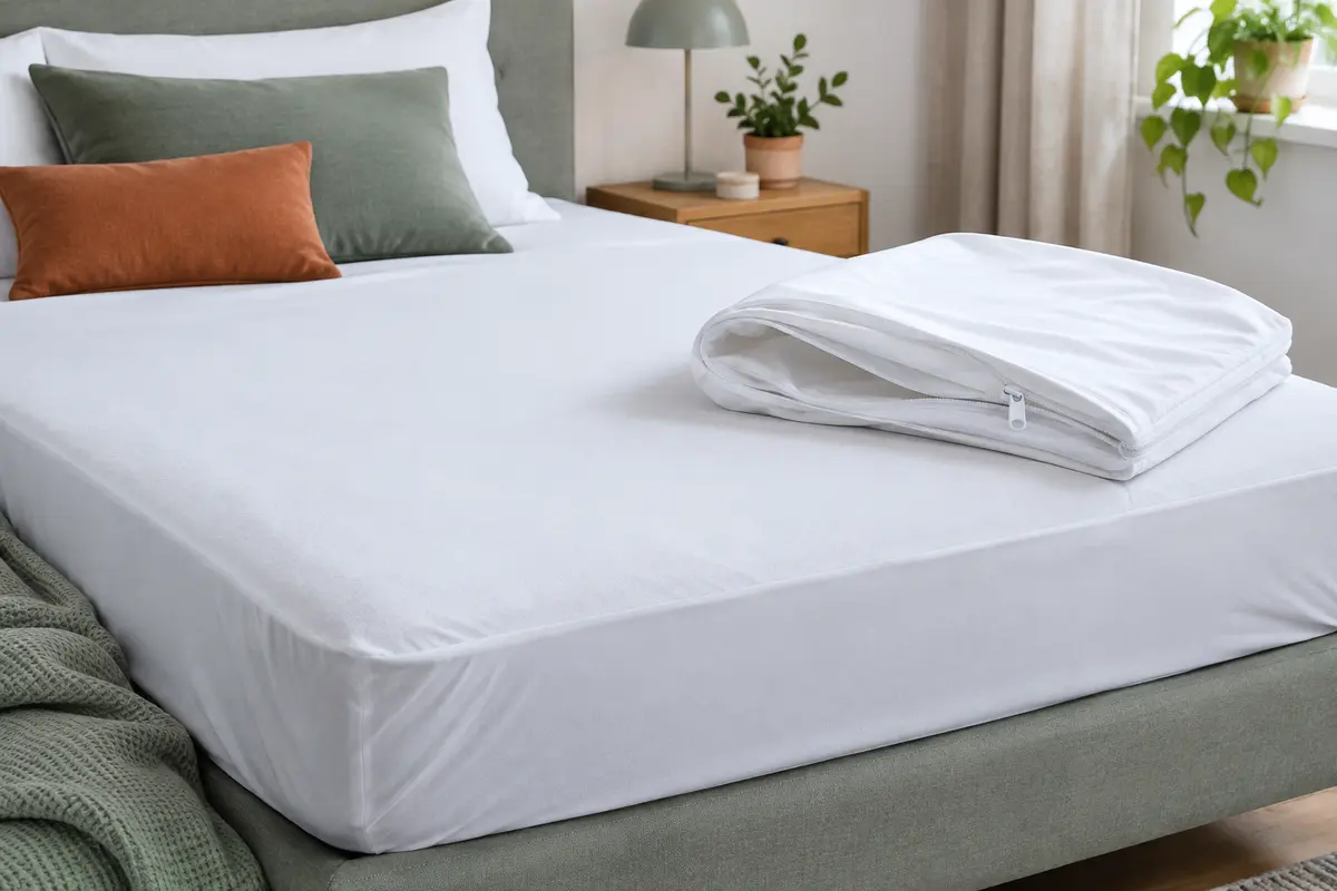 Drap-housse imperméable ajusté sur un matelas et housse intégrale zippée présentée à côté