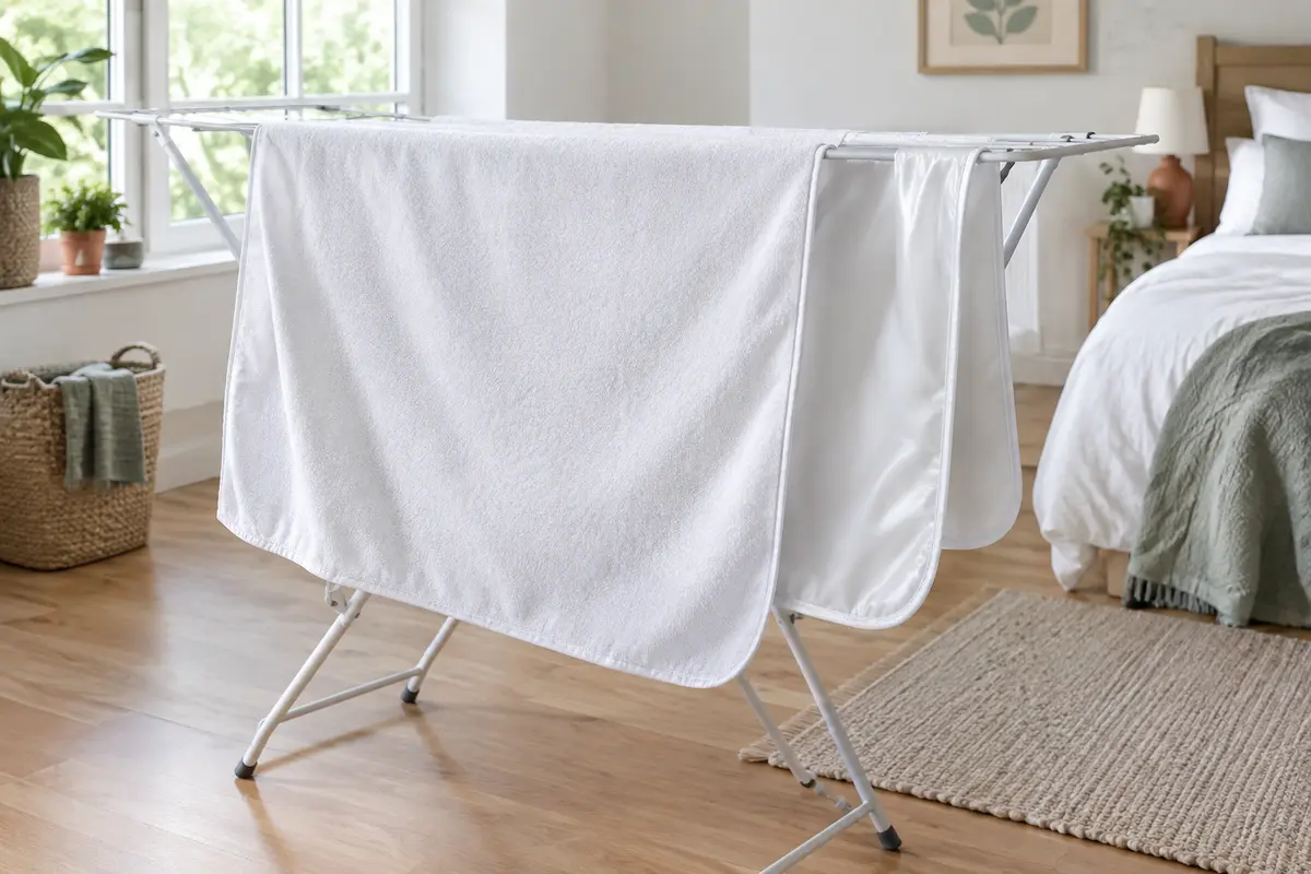Protège-matelas imperméable déplié sur un étendoir dans une pièce lumineuse pour sécher à l’air libre.