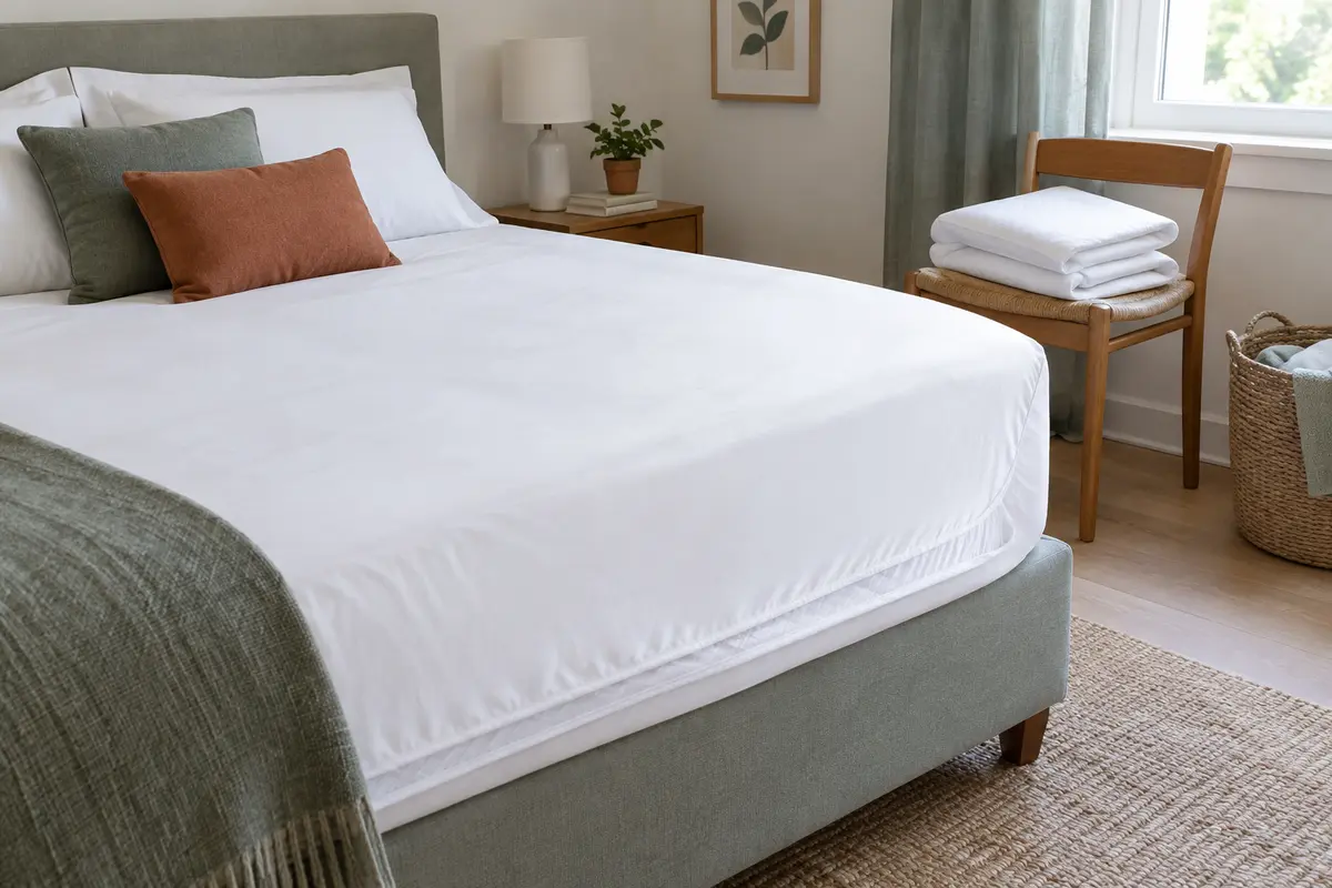 Lit familial avec protège-matelas propre et linge de rechange prêt pour l’entretien