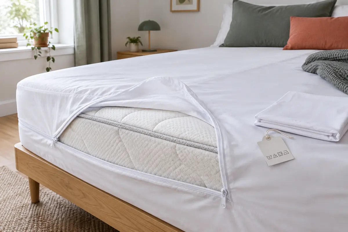 Housse intégrale blanche installée sur un matelas, avec fermeture et coutures visibles