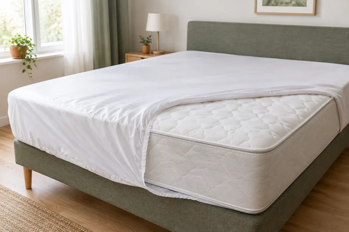 Housse intégrale claire installée sur un matelas, avec son zip fermé et ses coutures visibles