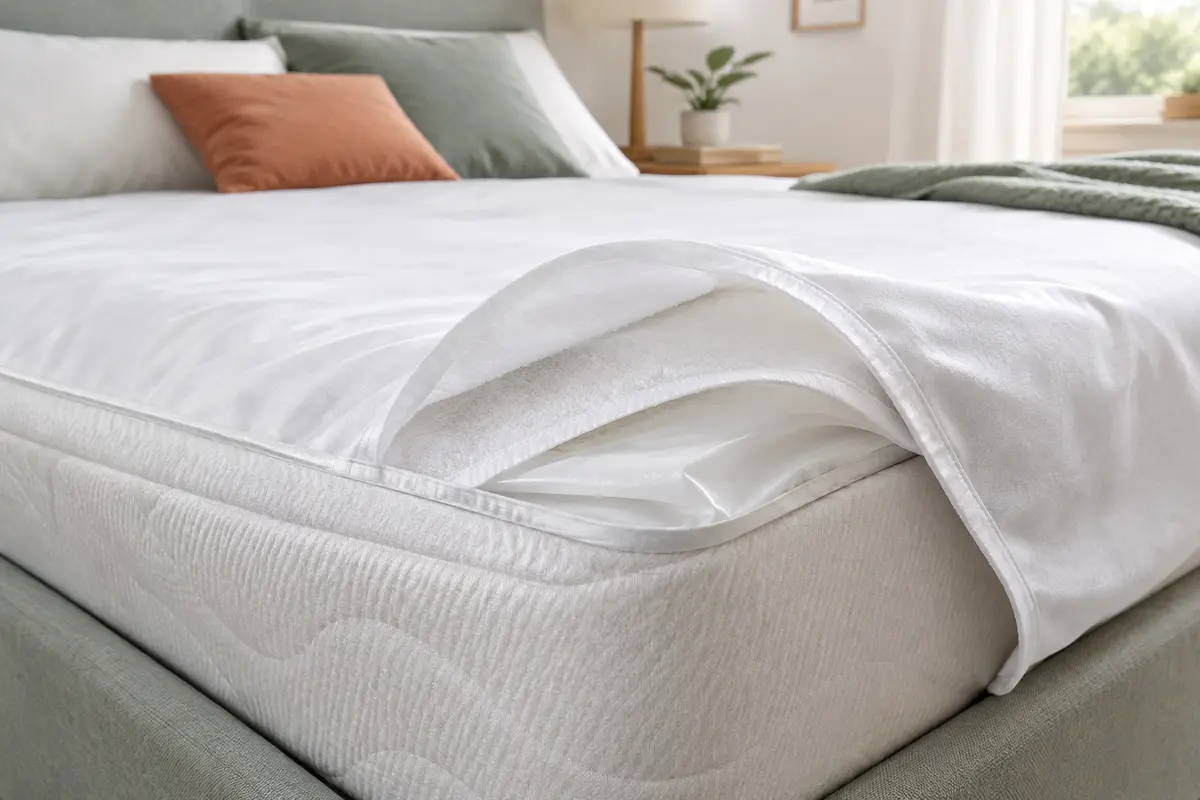 Protège-matelas blanc replié sur un matelas, montrant sa surface textile et sa fine membrane imperméable.