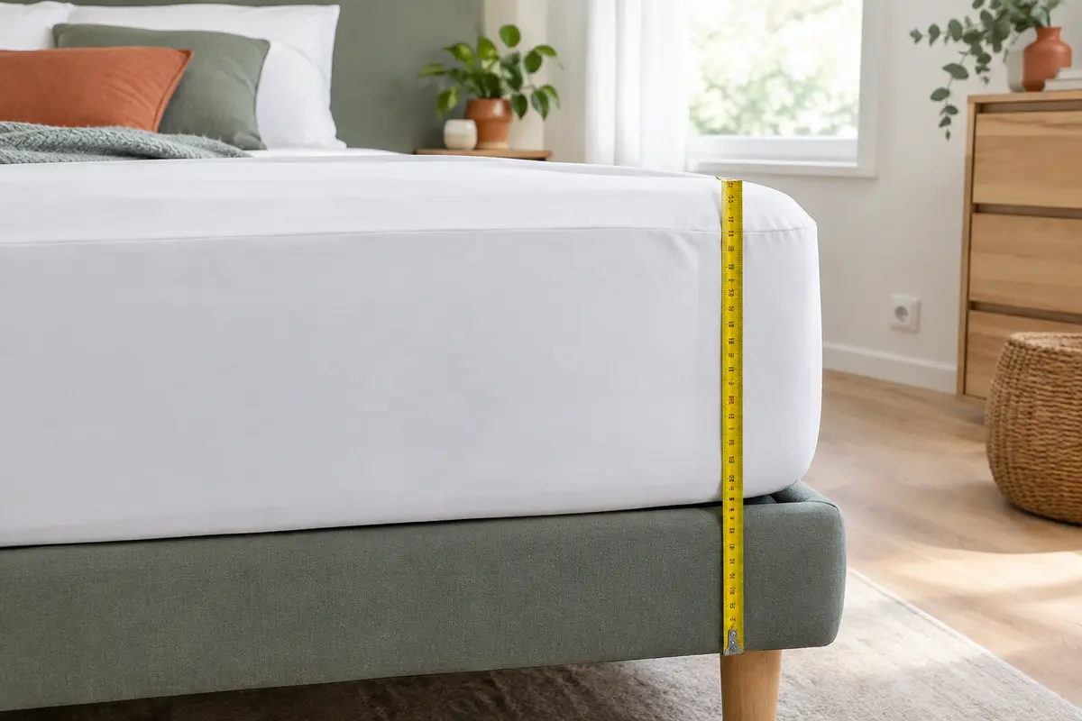 Mesure verticale de la hauteur d’un matelas avec un mètre ruban et une protection ajustée