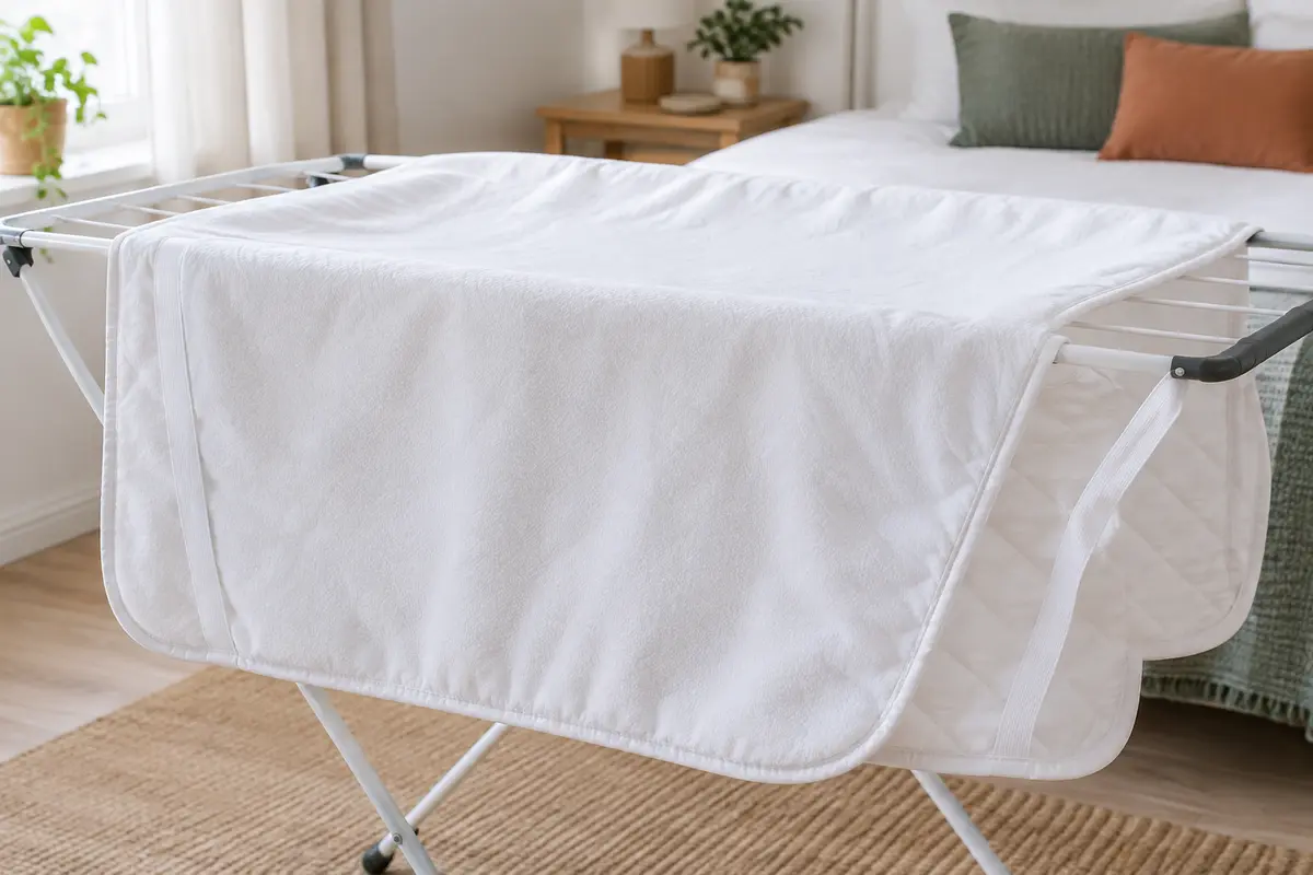 Protège-matelas imperméable propre étendu sur un séchoir pour sécher à l’air libre