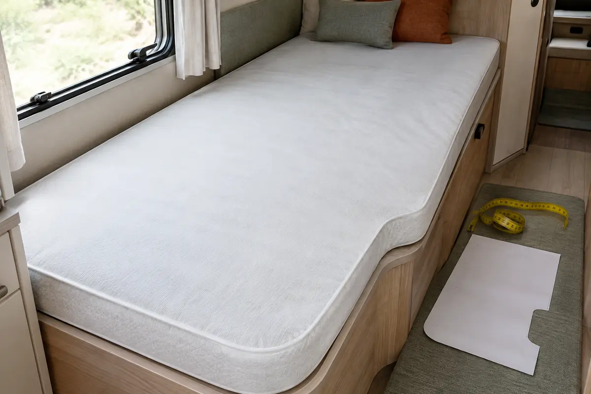 Matelas de camping-car aux coins arrondis, avec mètre ruban et gabarit pour relever ses dimensions.
