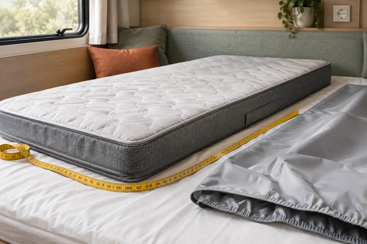 Matelas de camping compact mesuré au mètre ruban, avec une protection imperméable posée à côté