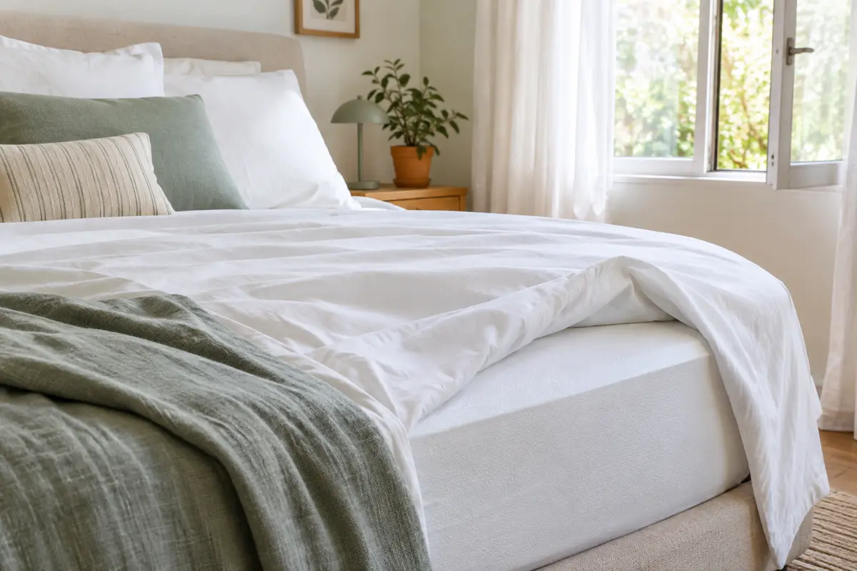 Protège-matelas blanc sous un drap en coton, dans une chambre lumineuse aérée pour l’été