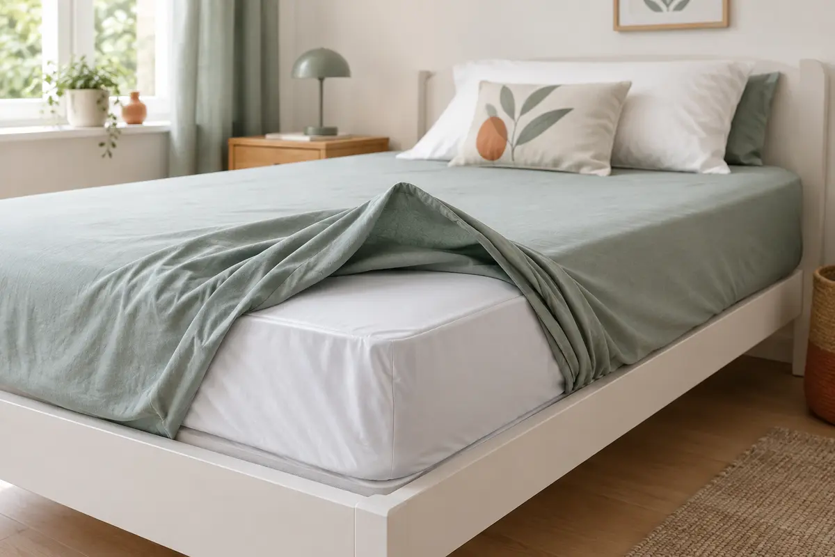 Lit d’enfant montrant une protection imperméable lisse et bien ajustée sur le matelas.