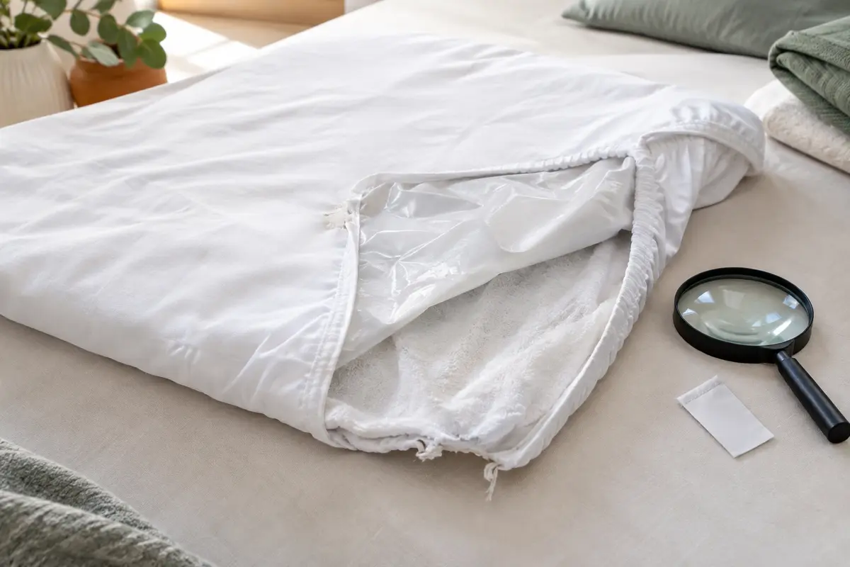 Protège-matelas imperméable posé à plat, avec une couture effilochée à examiner.
