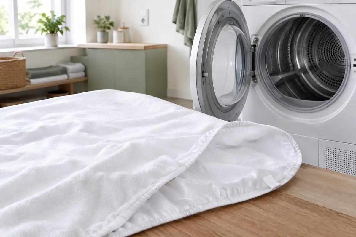 Protège-matelas imperméable déplié près d’un sèche-linge, avec son étiquette d’entretien visible