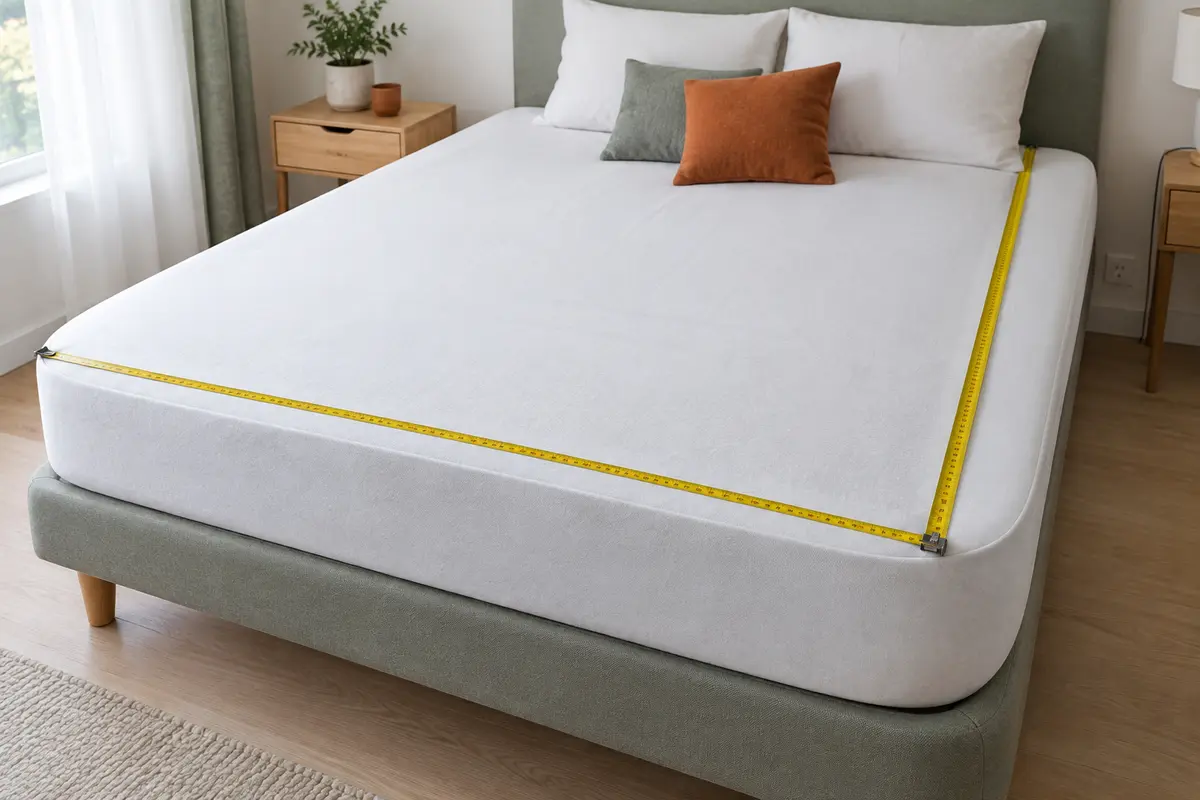 Mètre ruban posé sur un matelas deux personnes pour relever sa largeur et sa longueur