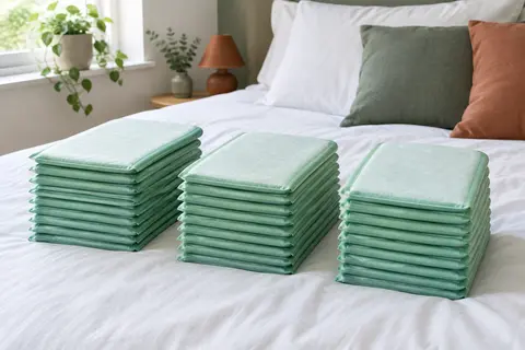Trente alèses absorbantes vertes disposées en piles sur un lit aux draps blancs.