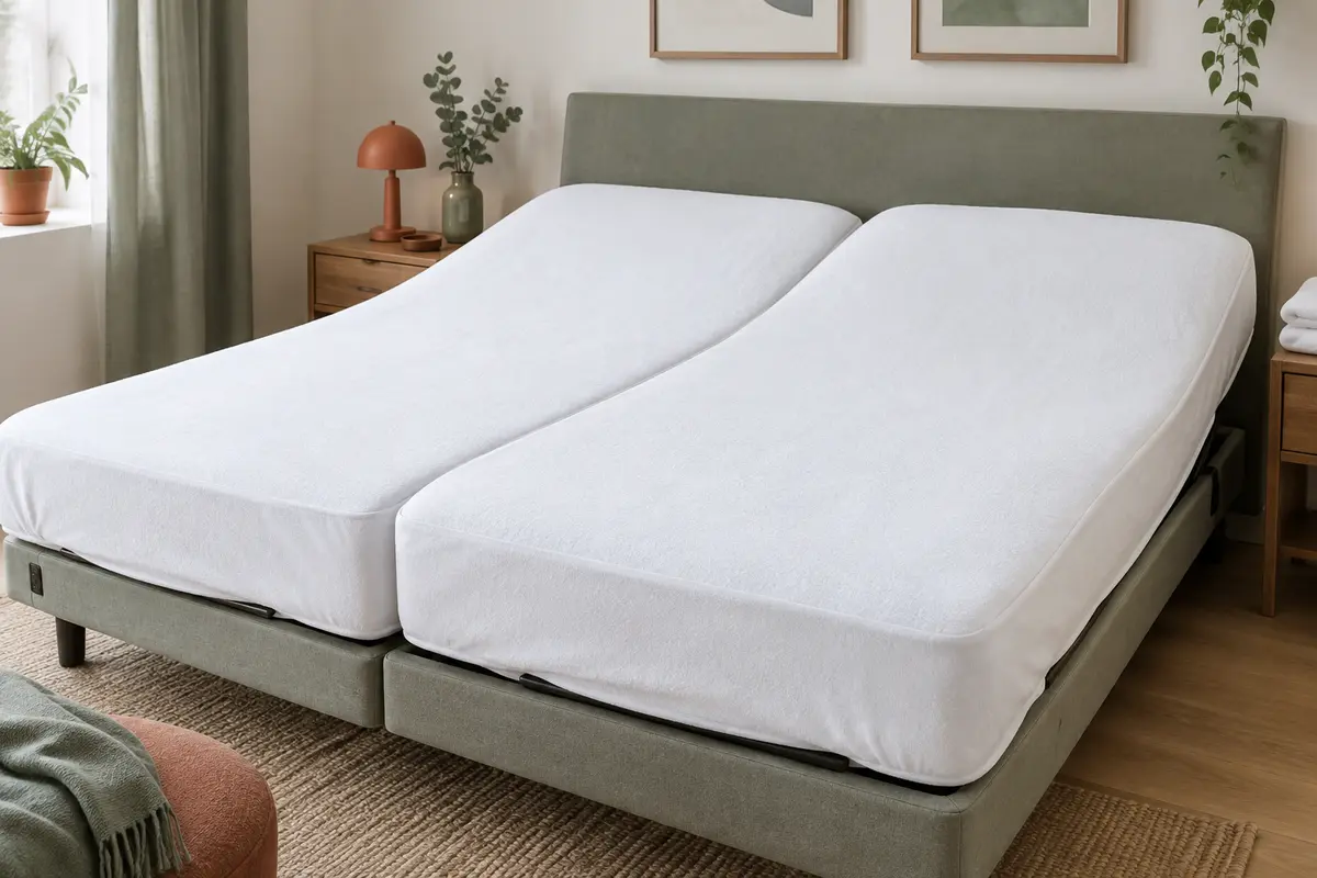 Protège-matelas blanc en molleton couvrant deux matelas côte à côte sur un lit articulé