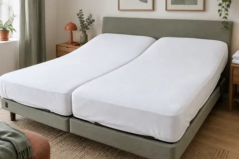 Protège-matelas blanc en molleton couvrant deux matelas côte à côte sur un lit articulé