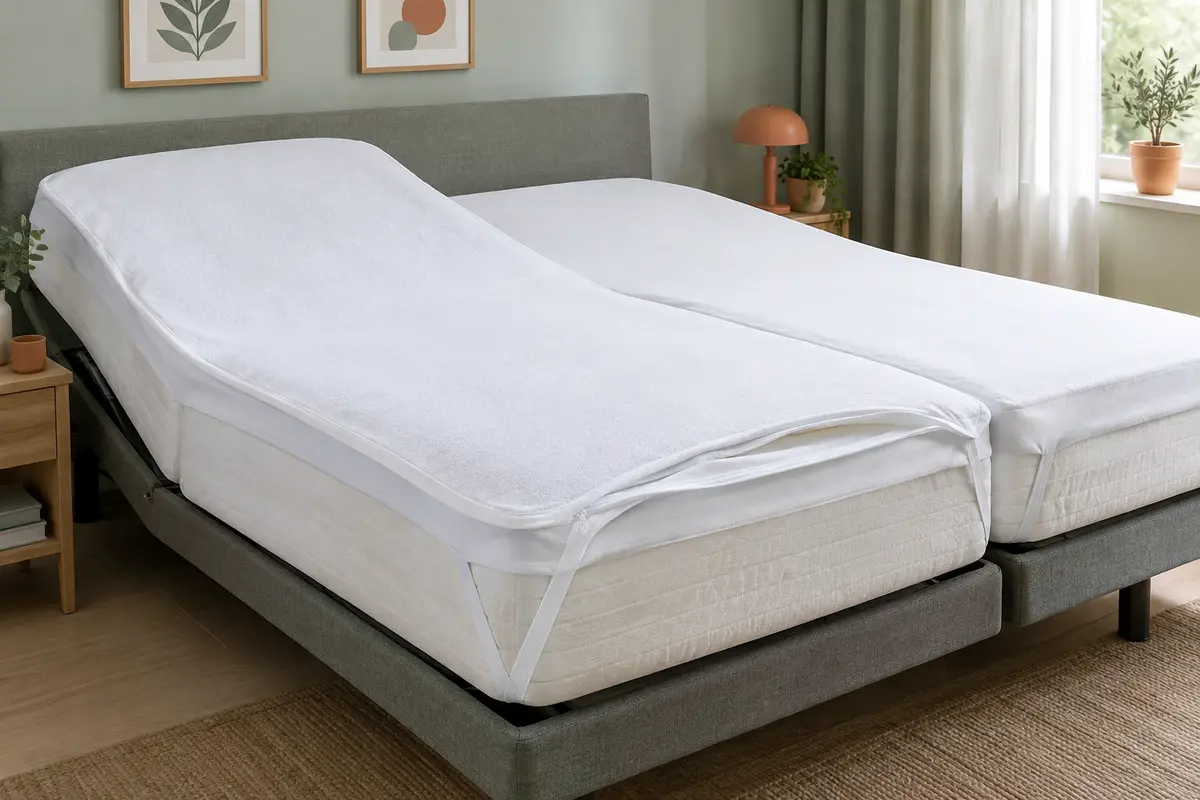 Protège-matelas blanc en une pièce sur deux matelas côte à côte, avec ouverture pour lit articulé