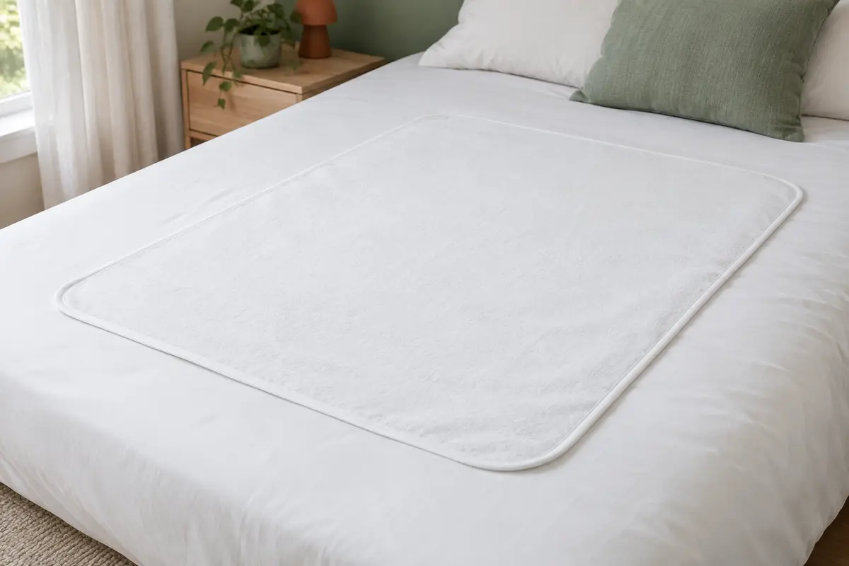 Alèse absorbante pour enfant en coton à motif de dinosaures, posée sur un lit blanc.