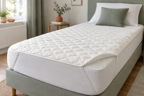 Protège-matelas blanc ivoire matelassé posé sur un lit, avec sa surface texturée visible