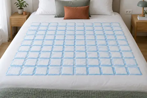 Cent alèses absorbantes jetables blanc et bleu, disposées en grille sur un lit aux draps blancs.