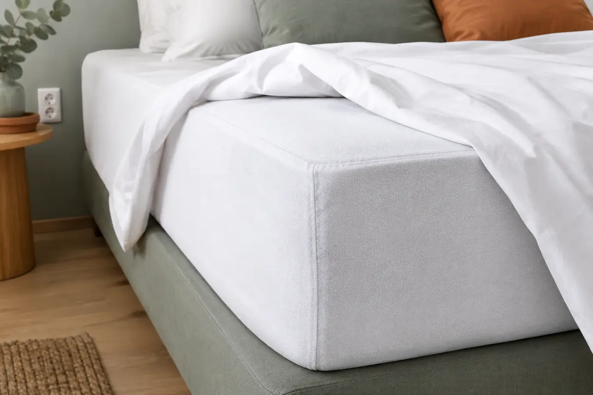 Protège-matelas blanc en Tencel, forme drap-housse, installé sur un matelas dans une chambre claire