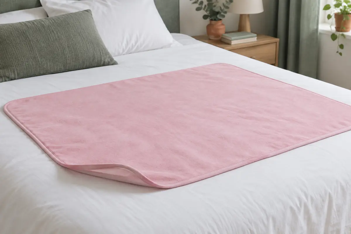 Alèse rose absorbante et imperméable de 70 × 90 cm posée sur des draps blancs