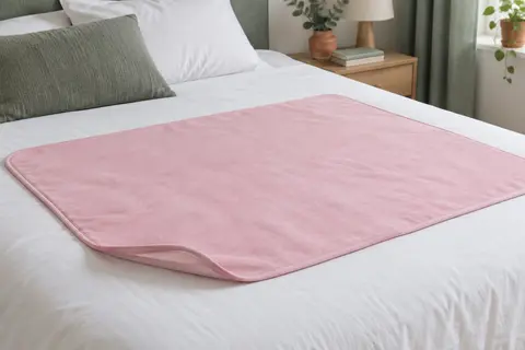 Alèse rose absorbante et imperméable de 70 × 90 cm posée sur des draps blancs