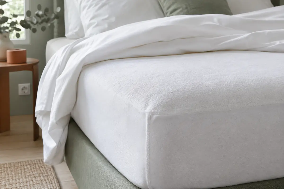 Protège-matelas Bedecor blanc en molleton ajusté sur un matelas dans une chambre claire