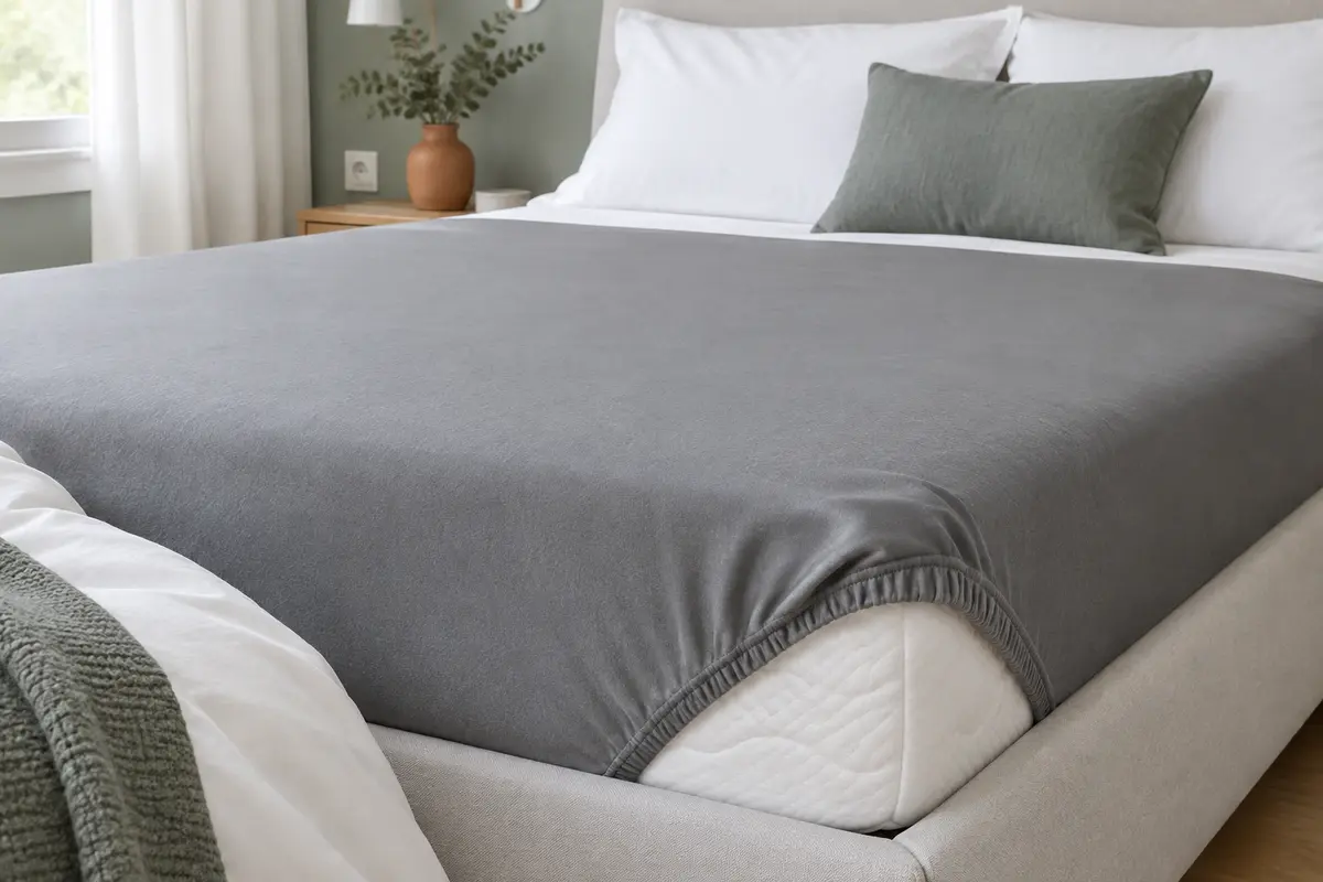 Protège-matelas gris imperméable en forme de drap-housse posé sur un matelas dans une chambre claire.