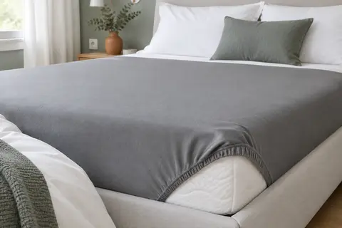 Protège-matelas gris imperméable en forme de drap-housse posé sur un matelas dans une chambre claire.