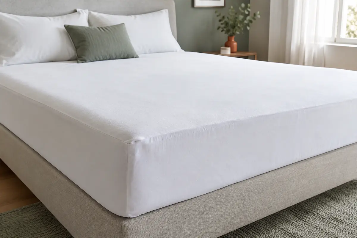 Protège-matelas Bedlore blanc en forme de drap-housse, ajusté sur un matelas