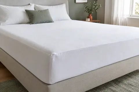 Protège-matelas Bedlore blanc en forme de drap-housse, ajusté sur un matelas