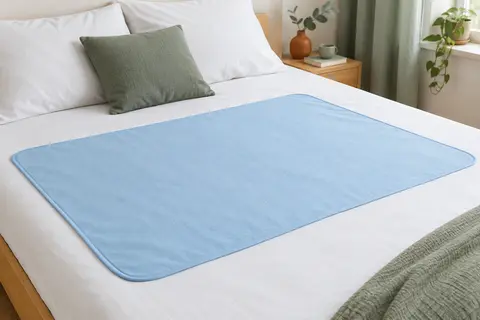 Alèse absorbante bleue posée à plat sur un lit blanc dans une chambre lumineuse et épurée