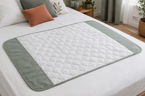 Alèse absorbante rectangulaire à ailettes, posée à plat sur des draps blancs