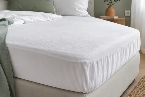 Protège-matelas Blumtal blanc en drap-housse, avec surface textile douce et bord ajusté sur un matelas